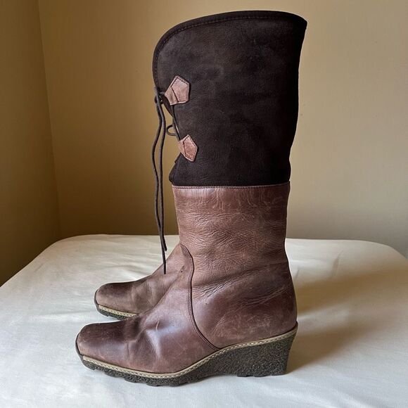 Eric Michael Two-Tone Leather Knee High Boots 39 Fur Lined Wedge Heel - Picture 1 of 10
